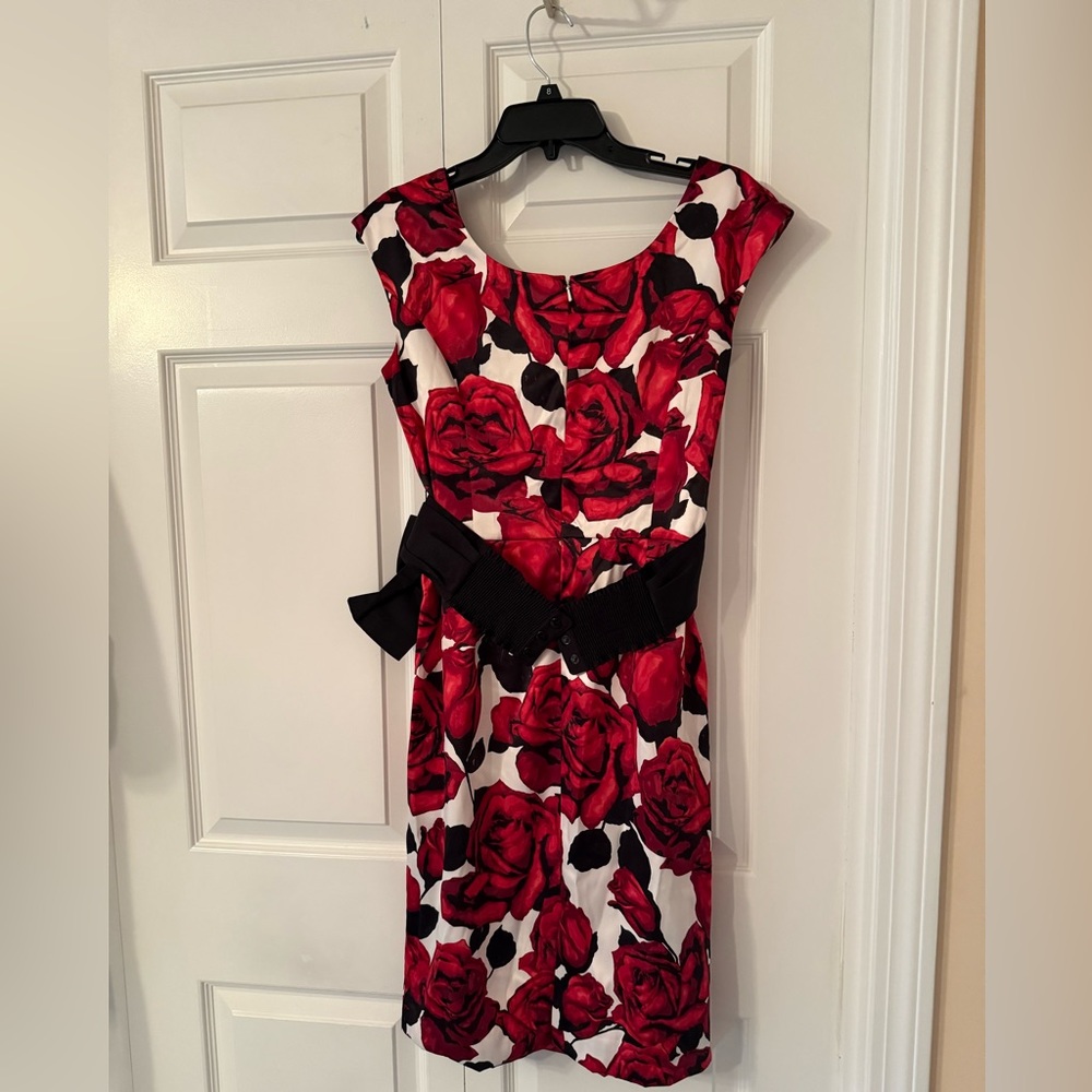 White House Black Market White, Red, and Black Sleeveless Midi Dress With Belt - Picture 4 of 7